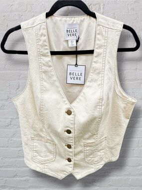 NWT Belle Vere Cream Denim Waistcoat Crop Button Up Vest Size Medium
